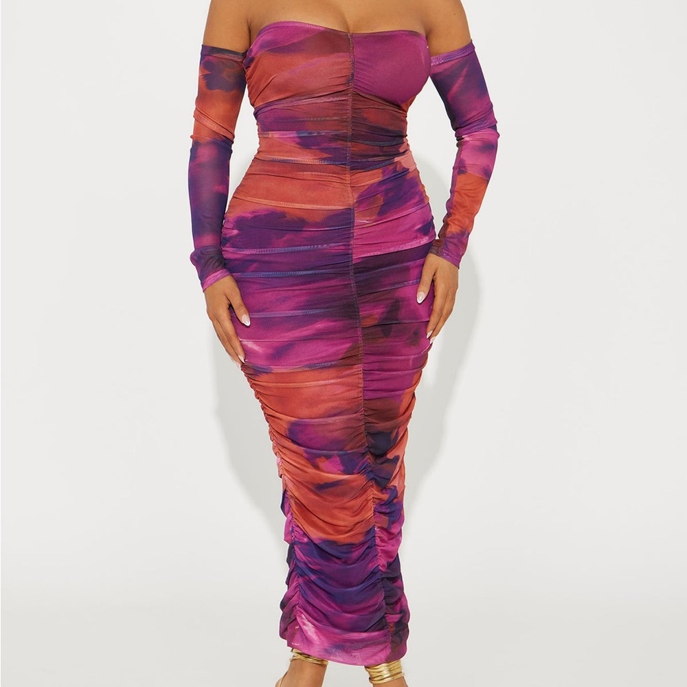 NWOT Vibrant Multicolor Off-Shoulder Rouched Maxi Dress